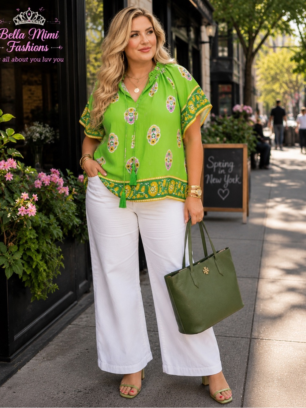 NWT Umgee Bright  Green Floral Border Short-Sleeve Tunic Top - size 2X BRB SL 6